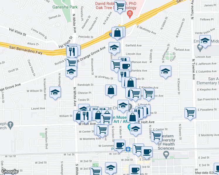 map of restaurants, bars, coffee shops, grocery stores, and more near 891 North Gordon Street in Pomona