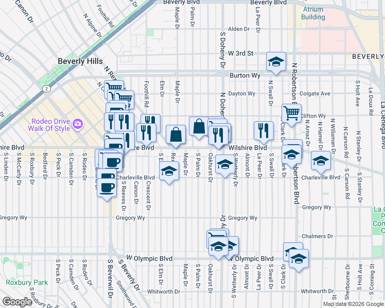 map of restaurants, bars, coffee shops, grocery stores, and more near 9200 Wilshire Boulevard in Beverly Hills