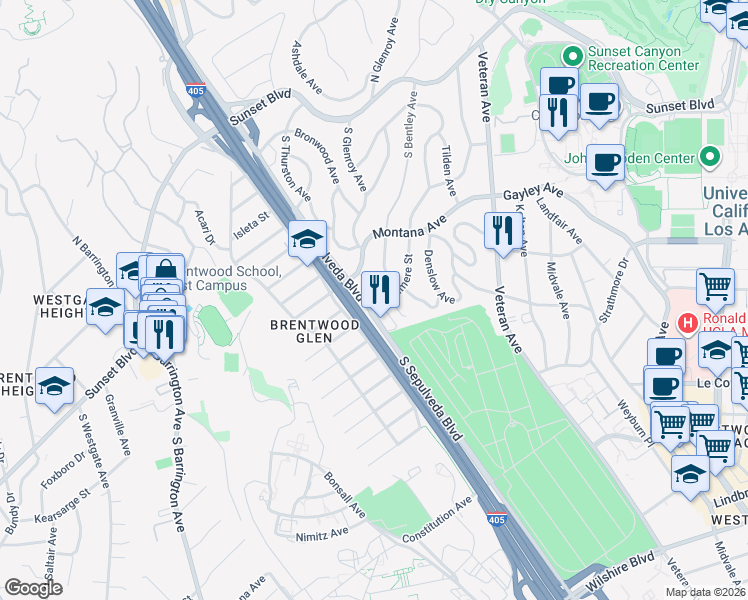 map of restaurants, bars, coffee shops, grocery stores, and more near 501 South Bentley Avenue in Los Angeles