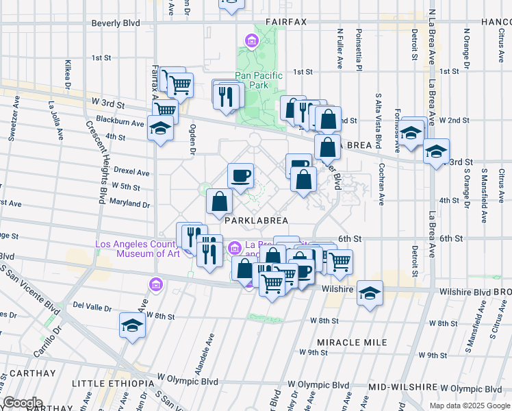 map of restaurants, bars, coffee shops, grocery stores, and more near 535 South Curson Avenue in Los Angeles