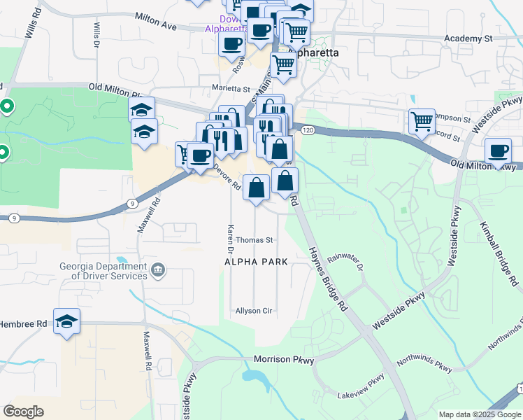 map of restaurants, bars, coffee shops, grocery stores, and more near 54 Devore Road in Alpharetta