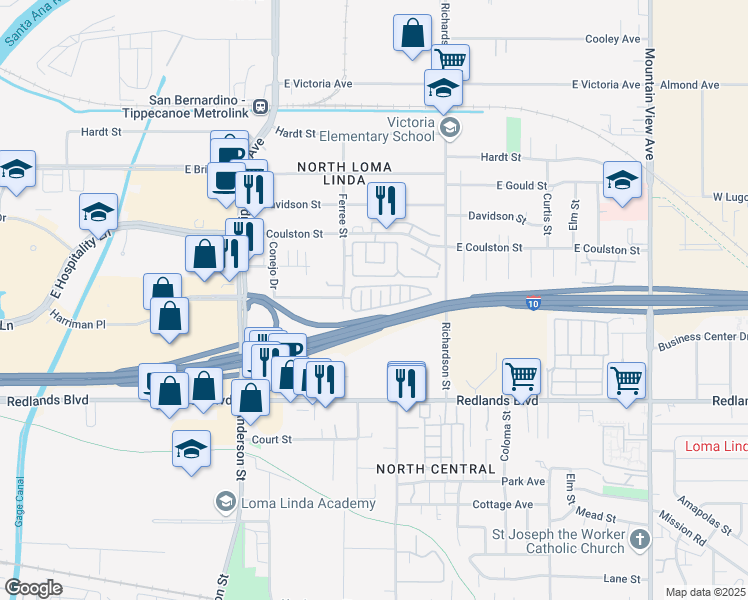 map of restaurants, bars, coffee shops, grocery stores, and more near 1945 South Pepper Tree Lane in San Bernardino