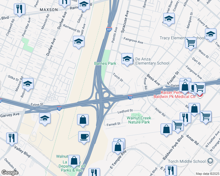 map of restaurants, bars, coffee shops, grocery stores, and more near 3220 Syracuse Avenue in Baldwin Park