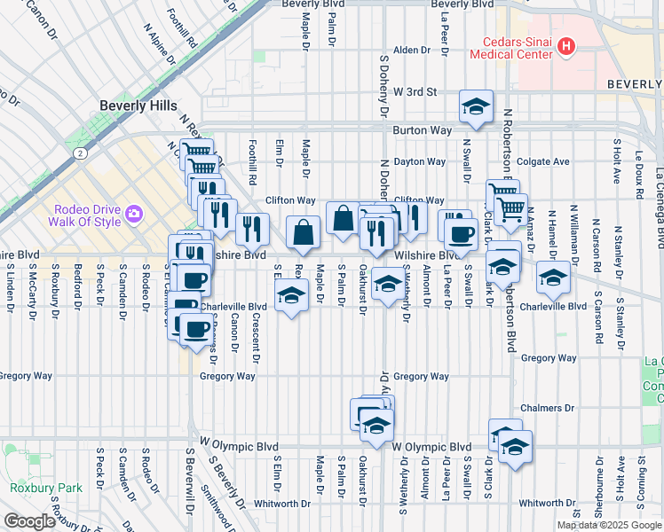 map of restaurants, bars, coffee shops, grocery stores, and more near 9200 Wilshire Boulevard in Beverly Hills