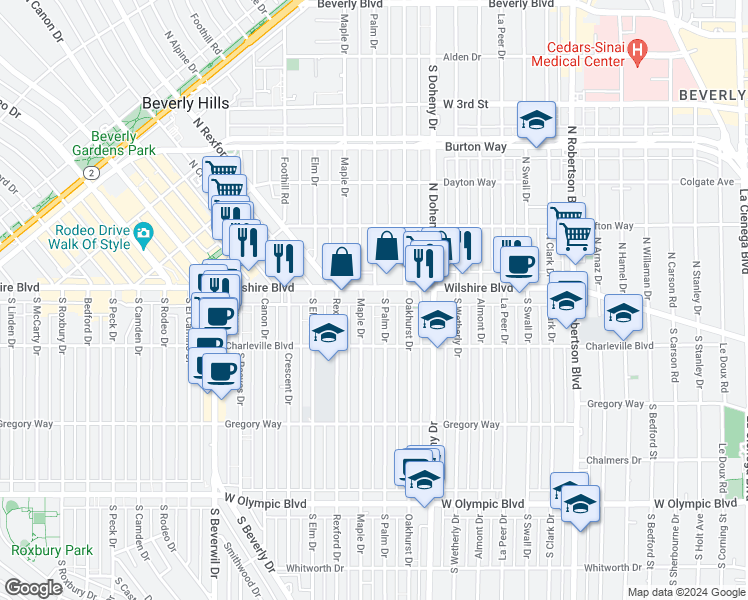 map of restaurants, bars, coffee shops, grocery stores, and more near 9200 Wilshire Boulevard in Beverly Hills