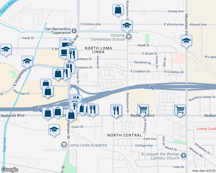 map of restaurants, bars, coffee shops, grocery stores, and more near 1945 South Pepper Tree Lane in San Bernardino