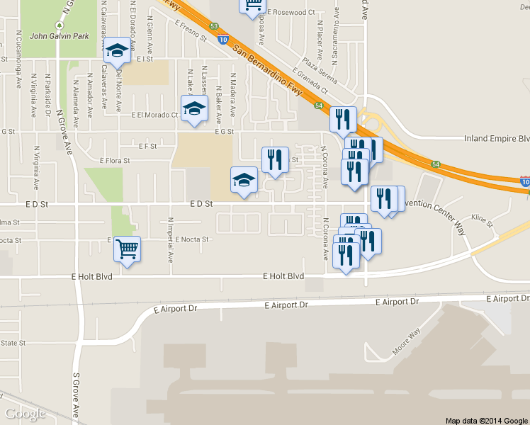 map of restaurants, bars, coffee shops, grocery stores, and more near 356 North Mariposa Privado in Ontario