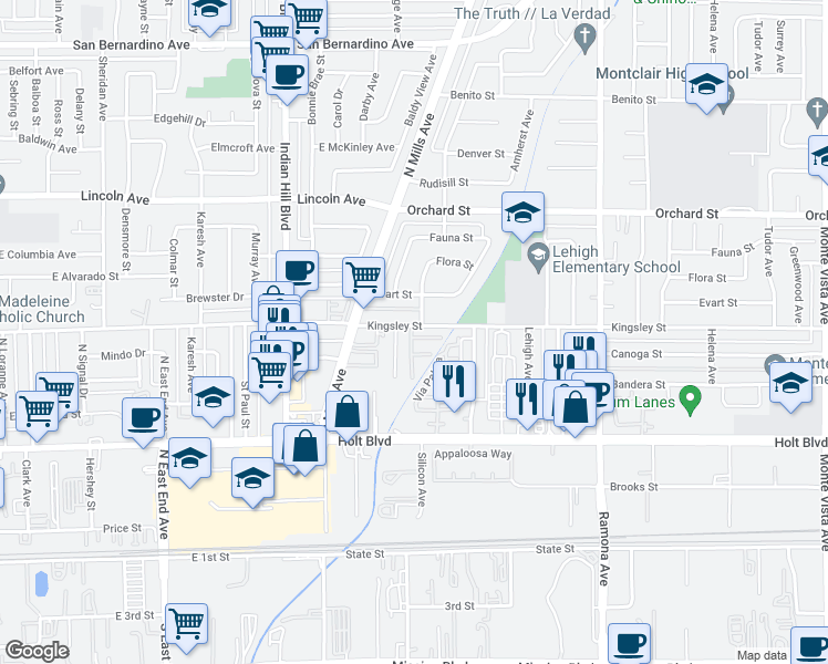 map of restaurants, bars, coffee shops, grocery stores, and more near 4193 Kingsley Street in Montclair