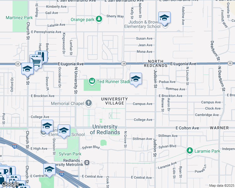 map of restaurants, bars, coffee shops, grocery stores, and more near 1275 East Brockton Avenue in Redlands