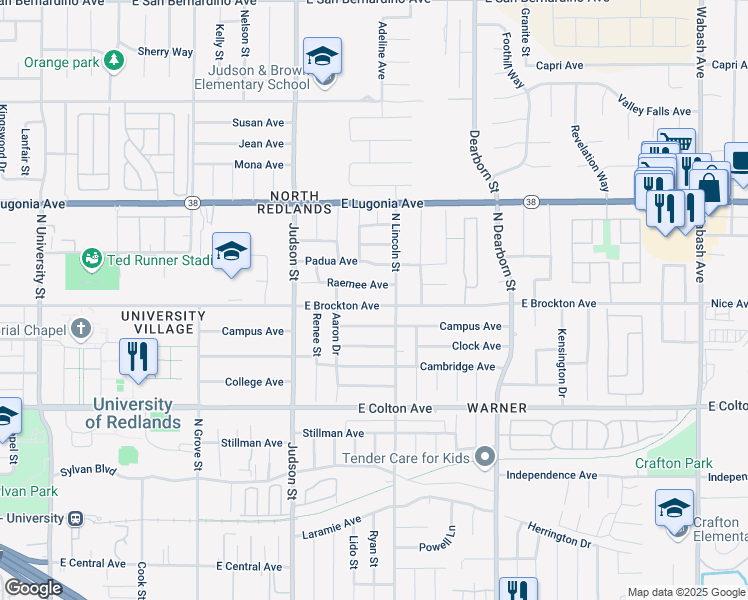 map of restaurants, bars, coffee shops, grocery stores, and more near 1457 East Brockton Avenue in Redlands