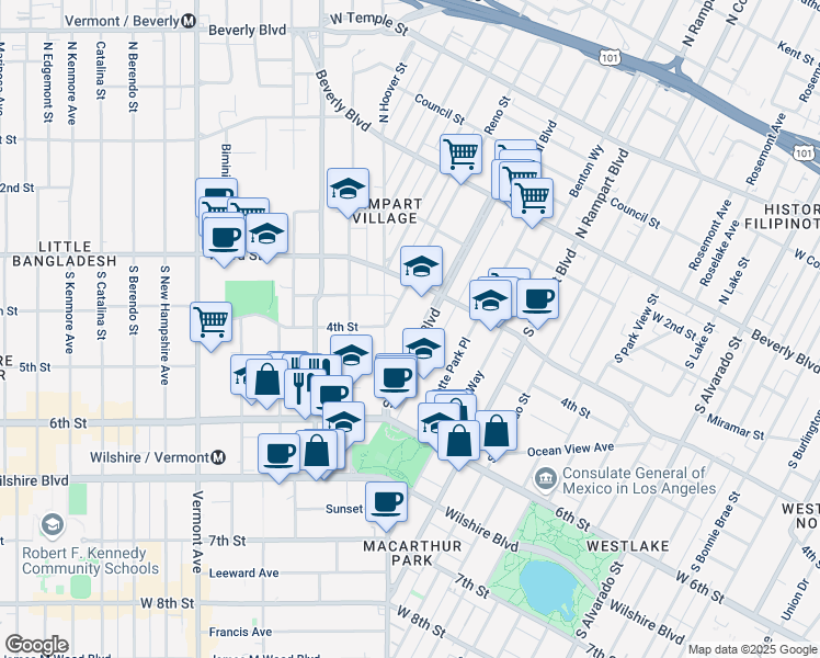 map of restaurants, bars, coffee shops, grocery stores, and more near 343 South Occidental Boulevard in Los Angeles