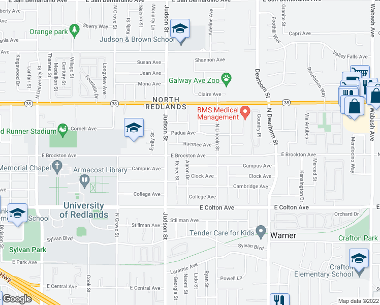 map of restaurants, bars, coffee shops, grocery stores, and more near 1435 East Brockton Avenue in Redlands
