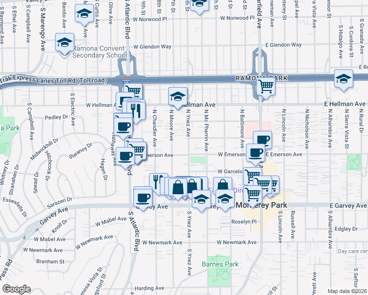 map of restaurants, bars, coffee shops, grocery stores, and more near 407 North Ynez Avenue in Monterey Park