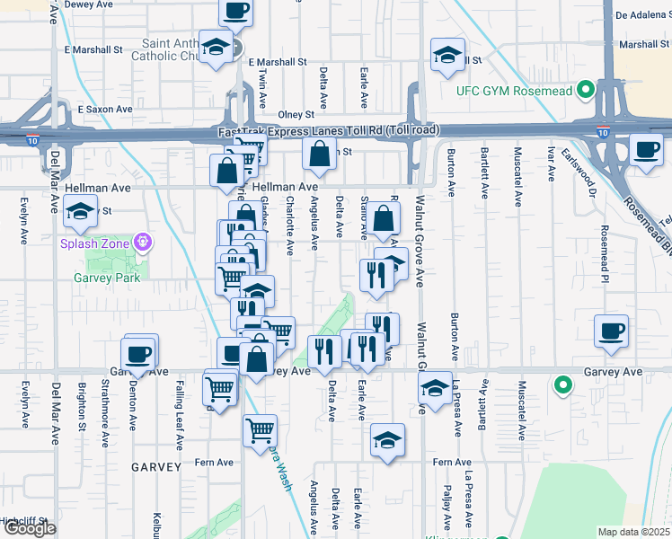 map of restaurants, bars, coffee shops, grocery stores, and more near 3213 Delta Avenue in Rosemead