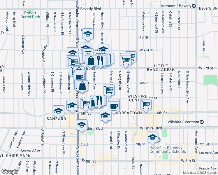 map of restaurants, bars, coffee shops, grocery stores, and more near 415 South Harvard Boulevard in Los Angeles