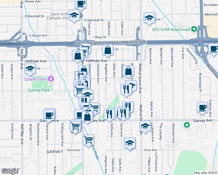 map of restaurants, bars, coffee shops, grocery stores, and more near 3207 Delta Avenue in Rosemead