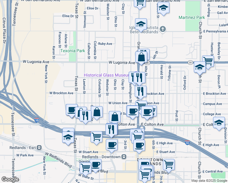 map of restaurants, bars, coffee shops, grocery stores, and more near 1103 Ohio Street in Redlands