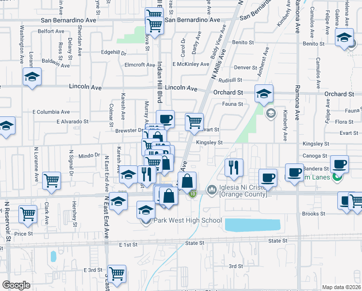 map of restaurants, bars, coffee shops, grocery stores, and more near 1676 East Kingsley Avenue in Pomona