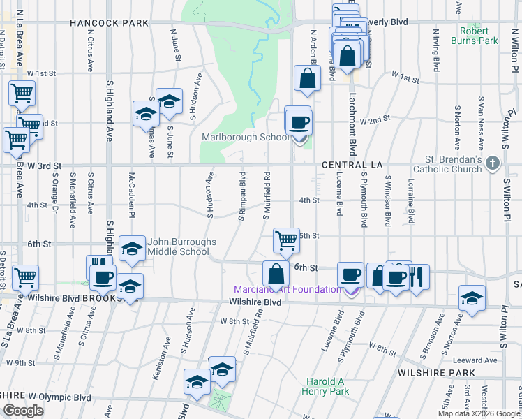 map of restaurants, bars, coffee shops, grocery stores, and more near 401 South Muirfield Road in Los Angeles