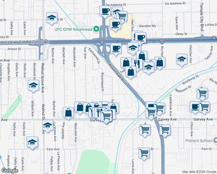 map of restaurants, bars, coffee shops, grocery stores, and more near 3235 Sullivan Avenue in Rosemead