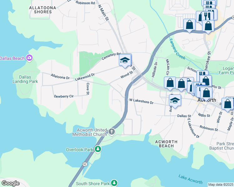 map of restaurants, bars, coffee shops, grocery stores, and more near 4721 West Lakeshore Drive in Acworth
