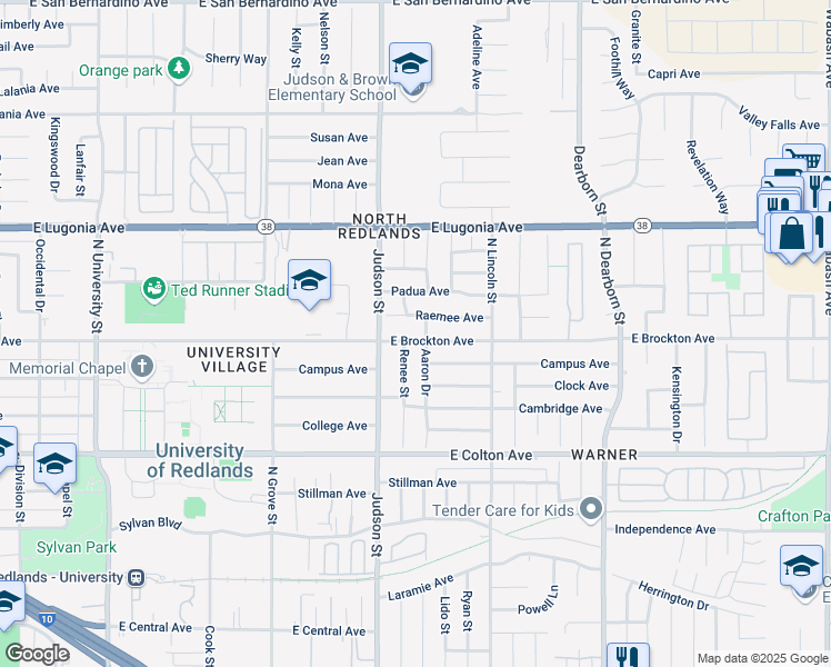 map of restaurants, bars, coffee shops, grocery stores, and more near 1435 East Brockton Avenue in Redlands