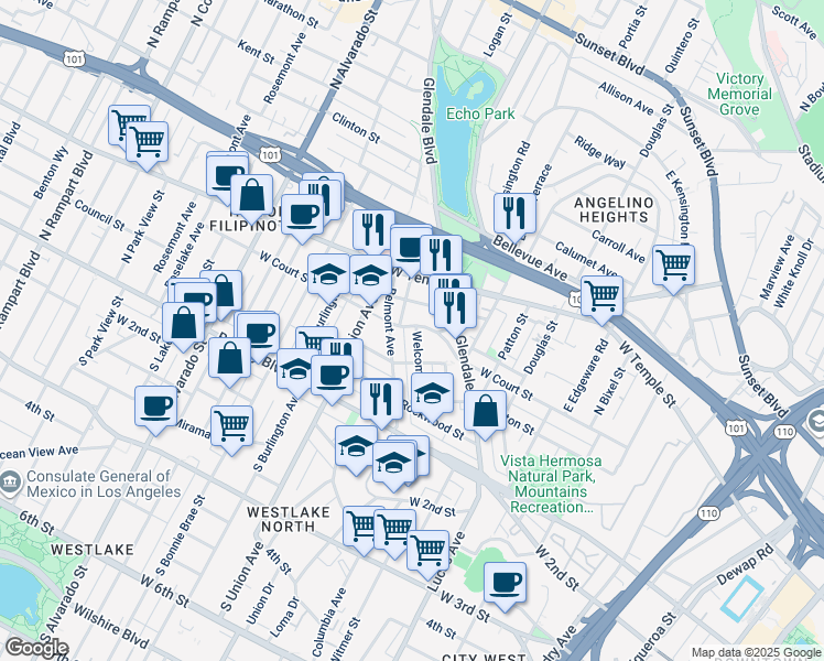 map of restaurants, bars, coffee shops, grocery stores, and more near 1600 West Court Street in Los Angeles