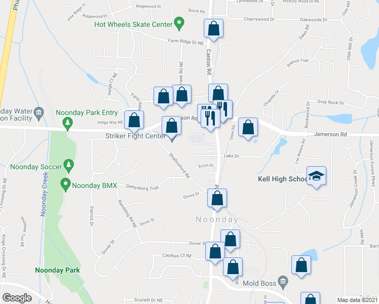 map of restaurants, bars, coffee shops, grocery stores, and more near 913 Old Noonday School Road Northeast in Marietta