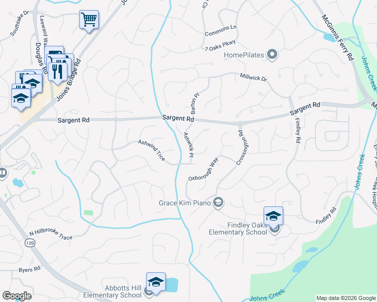 map of restaurants, bars, coffee shops, grocery stores, and more near 11760 Ashwick Place in Alpharetta