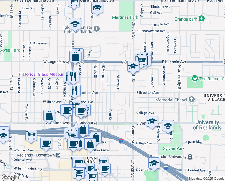 map of restaurants, bars, coffee shops, grocery stores, and more near 511 East Brockton Avenue in Redlands