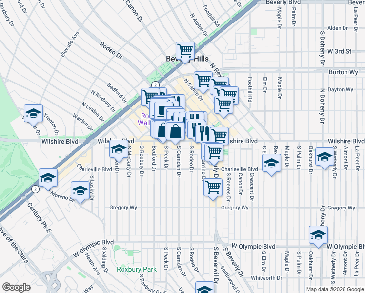 map of restaurants, bars, coffee shops, grocery stores, and more near 9560 Wilshire Boulevard in Beverly Hills