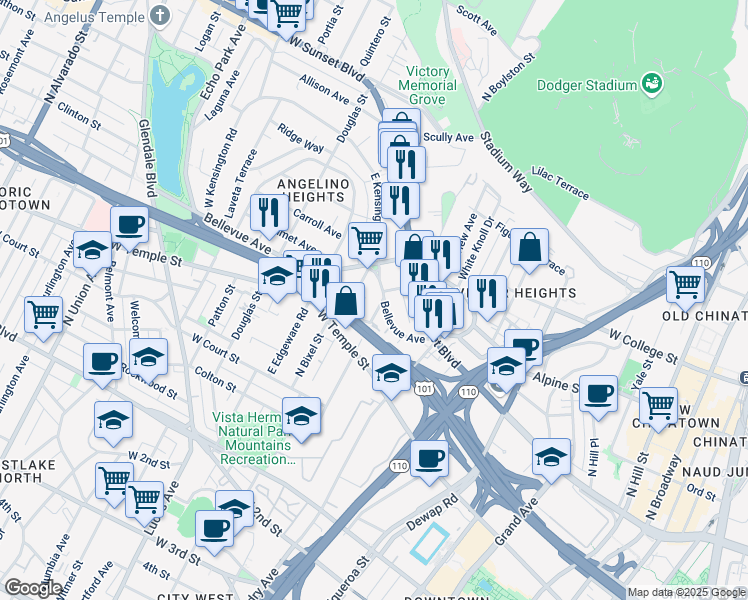 map of restaurants, bars, coffee shops, grocery stores, and more near 1225 Boston Street in Los Angeles