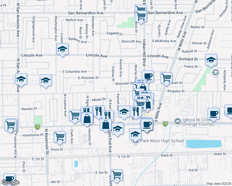 map of restaurants, bars, coffee shops, grocery stores, and more near 1340 East Kingsley Avenue in Pomona