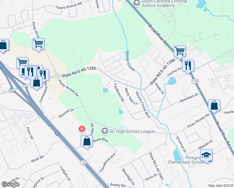 map of restaurants, bars, coffee shops, grocery stores, and more near 4805 Faulkland Road in Columbia