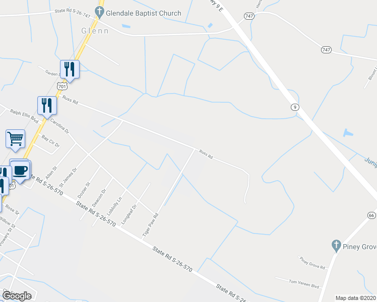 map of restaurants, bars, coffee shops, grocery stores, and more near 687 Tiger Paw Road in Loris