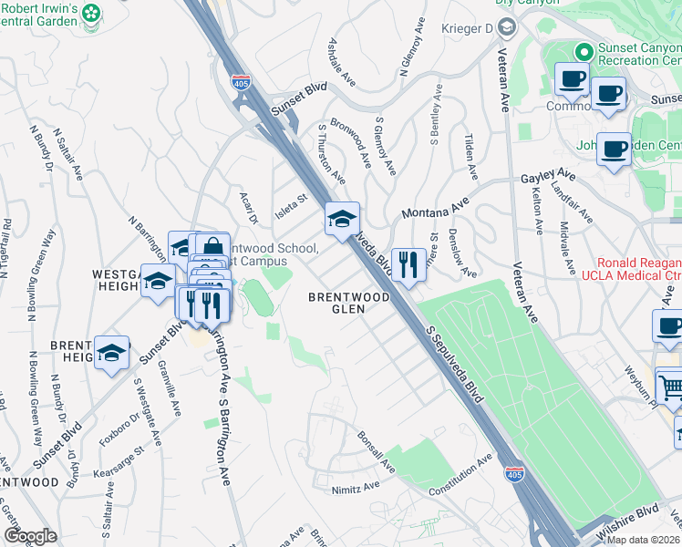 map of restaurants, bars, coffee shops, grocery stores, and more near 11348 Montana Avenue in Los Angeles