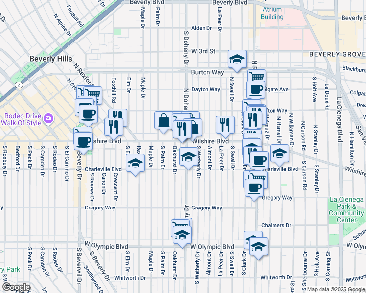 map of restaurants, bars, coffee shops, grocery stores, and more near 9100 Wilshire Boulevard in Beverly Hills