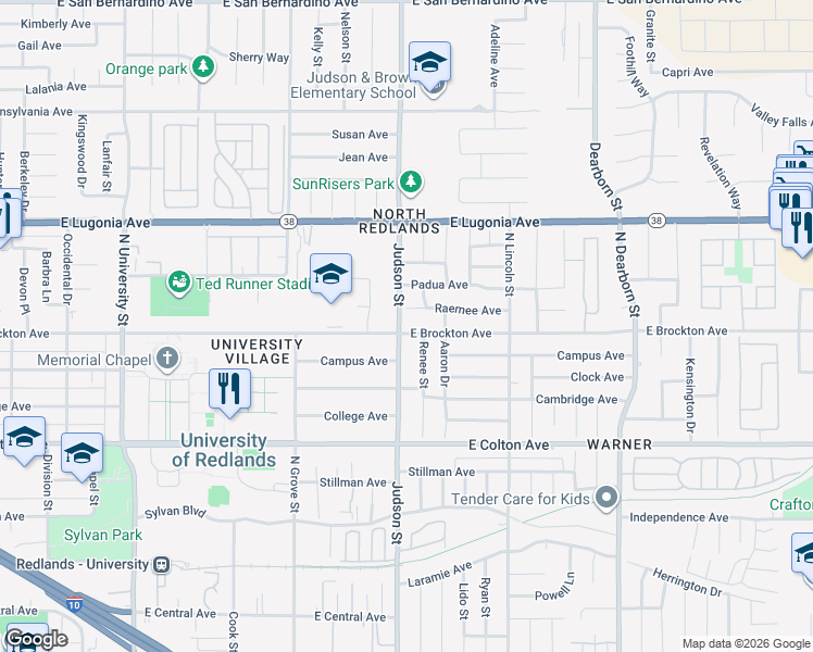 map of restaurants, bars, coffee shops, grocery stores, and more near 1403 East Brockton Avenue in Redlands