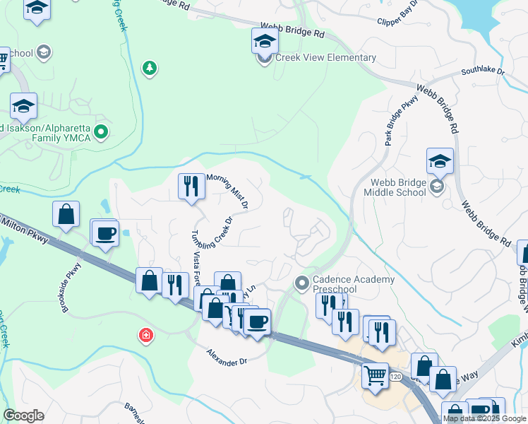 map of restaurants, bars, coffee shops, grocery stores, and more near 445 Tumbling Creek Drive in Alpharetta