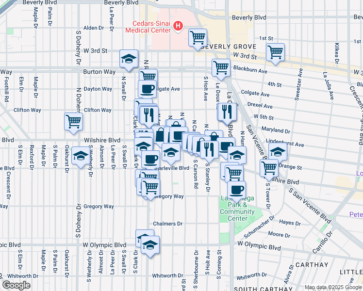 map of restaurants, bars, coffee shops, grocery stores, and more near 8665 Wilshire Boulevard in Beverly Hills