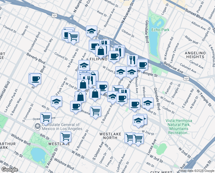map of restaurants, bars, coffee shops, grocery stores, and more near 129 North Bonnie Brae Street in Los Angeles