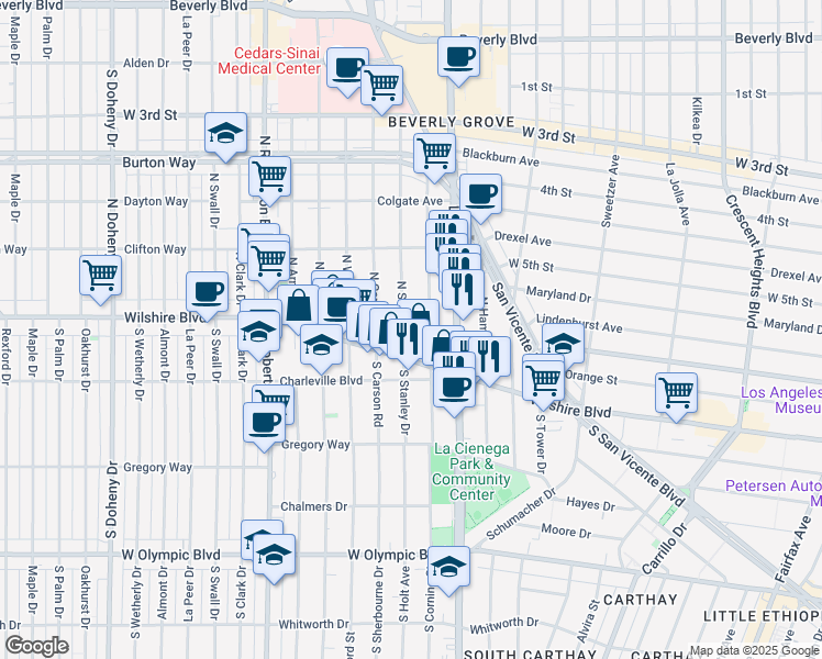 map of restaurants, bars, coffee shops, grocery stores, and more near 130 North Stanley Drive in Beverly Hills