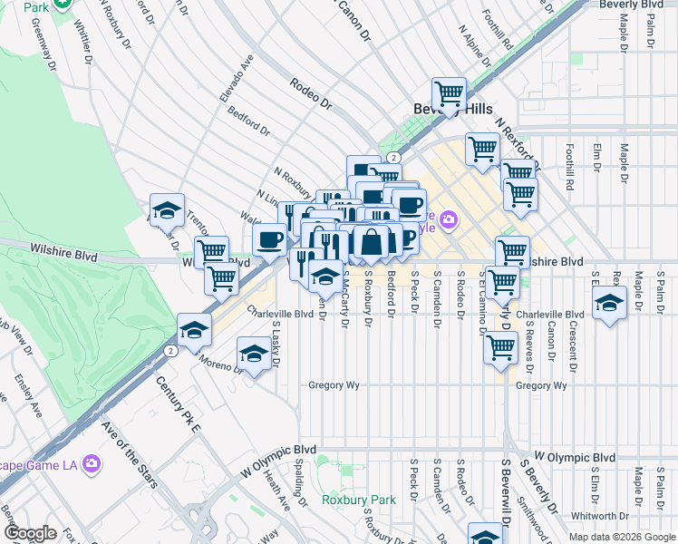 map of restaurants, bars, coffee shops, grocery stores, and more near 9720 Wilshire Boulevard in Beverly Hills