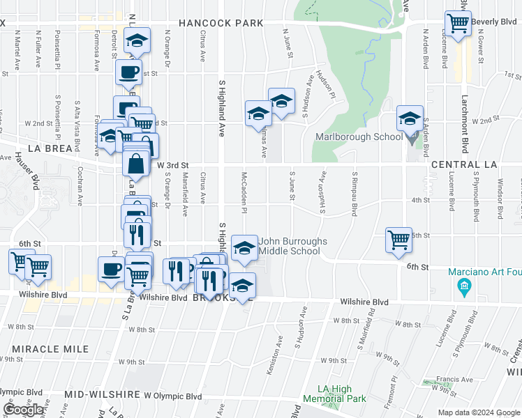 map of restaurants, bars, coffee shops, grocery stores, and more near 401 South Las Palmas Avenue in Los Angeles