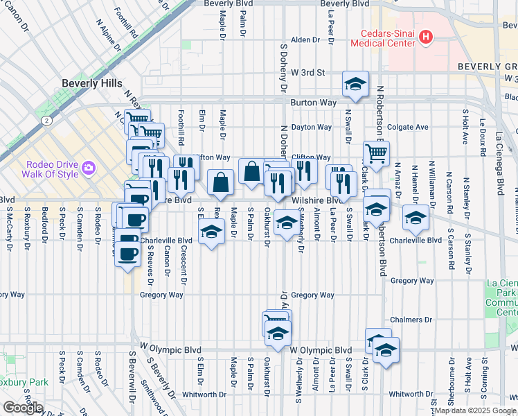 map of restaurants, bars, coffee shops, grocery stores, and more near 121 South Palm Drive in Beverly Hills