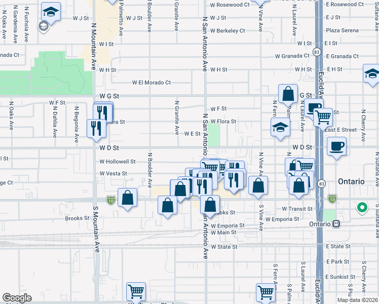 map of restaurants, bars, coffee shops, grocery stores, and more near 2 East D Street in Ontario