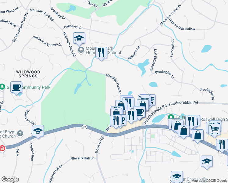 map of restaurants, bars, coffee shops, grocery stores, and more near 11710 Mountain Park Road in Roswell