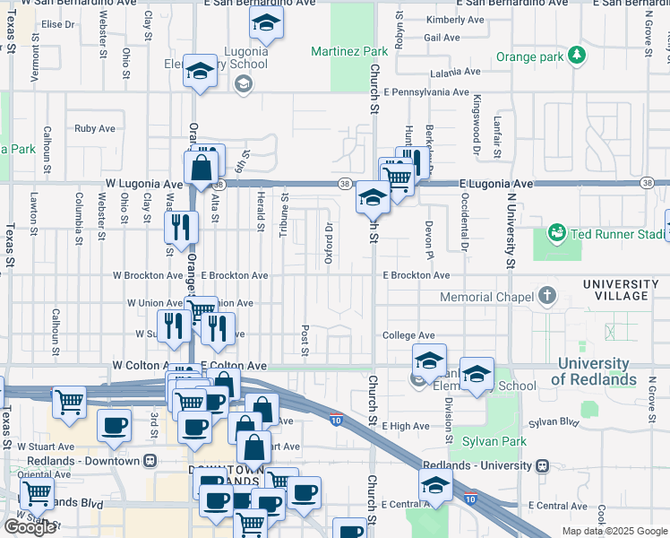 map of restaurants, bars, coffee shops, grocery stores, and more near 611 East Brockton Avenue in Redlands
