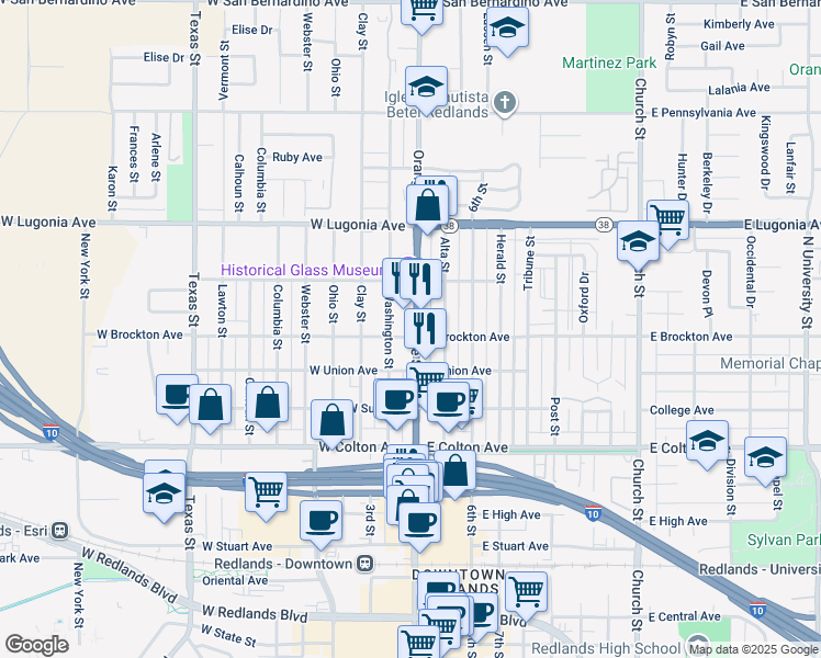 map of restaurants, bars, coffee shops, grocery stores, and more near 1105 Orange Street in Redlands