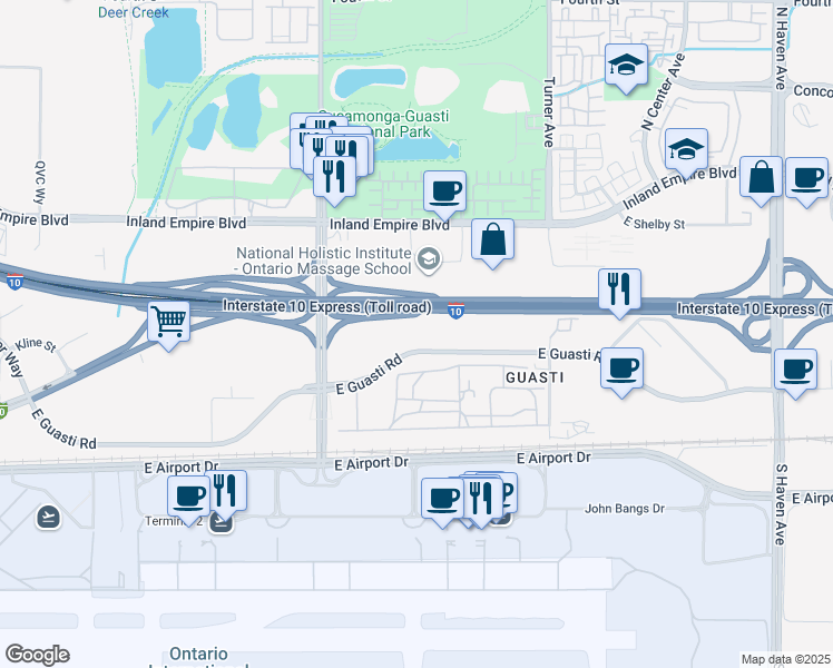 map of restaurants, bars, coffee shops, grocery stores, and more near 2855 East Guasti Road in Ontario